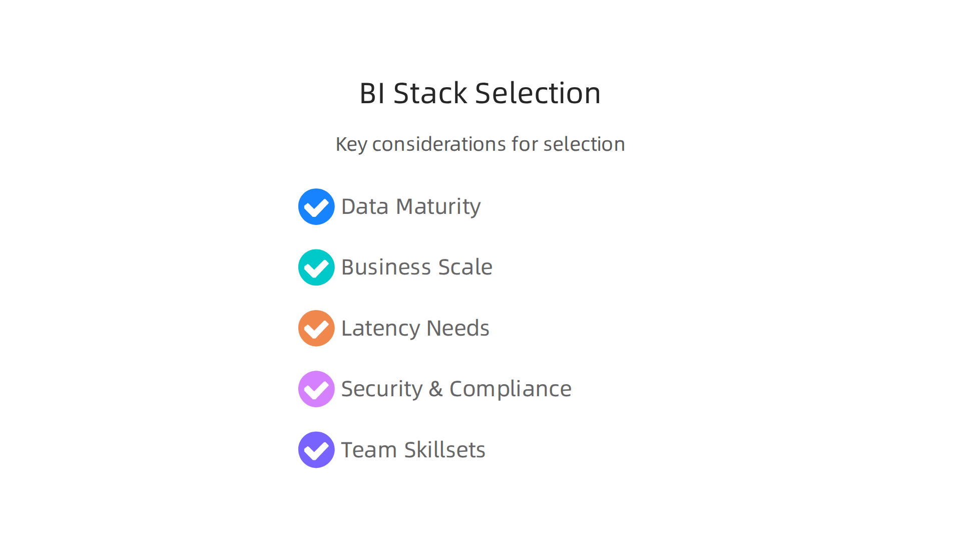 Key considerations for selecting the most suitable business intelligence stack tailored to your company's unique operational needs.