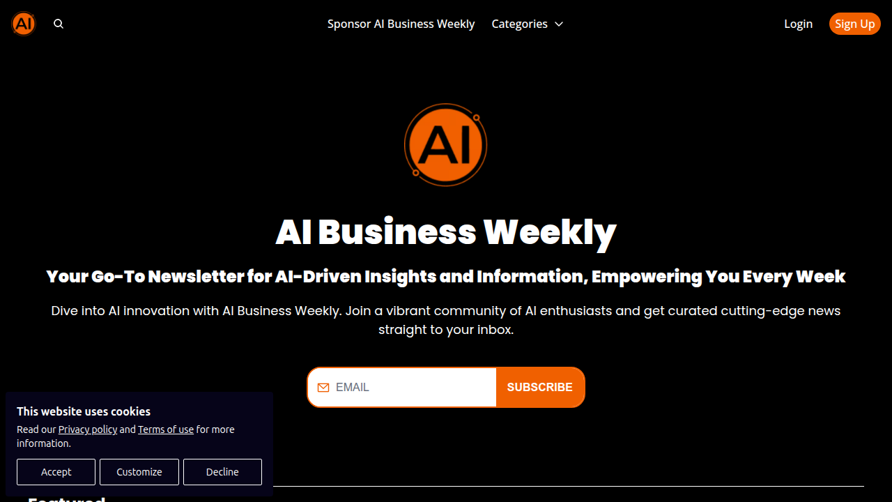 The homepage of AI Business Weekly, a resource for AI adoption statistics and enterprise data insights.