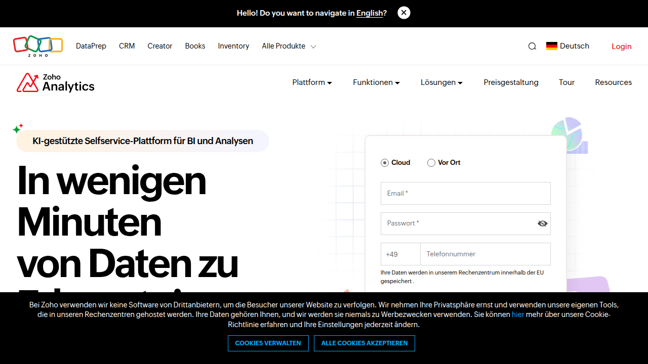The official website for Zoho Analytics, showcasing their business intelligence software capabilities and features.