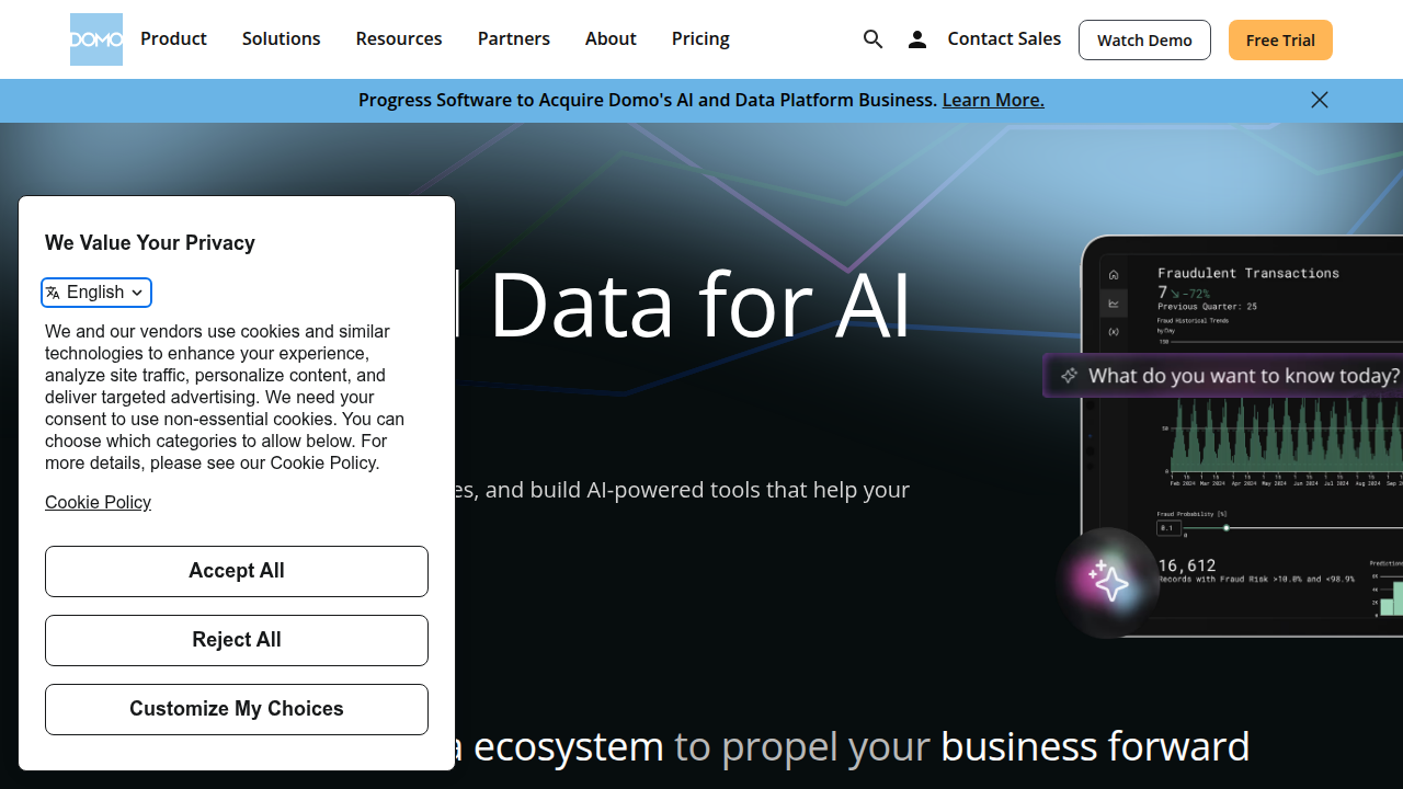 The homepage of Domo, a business intelligence platform offering data insights and analytics solutions for enterprises.