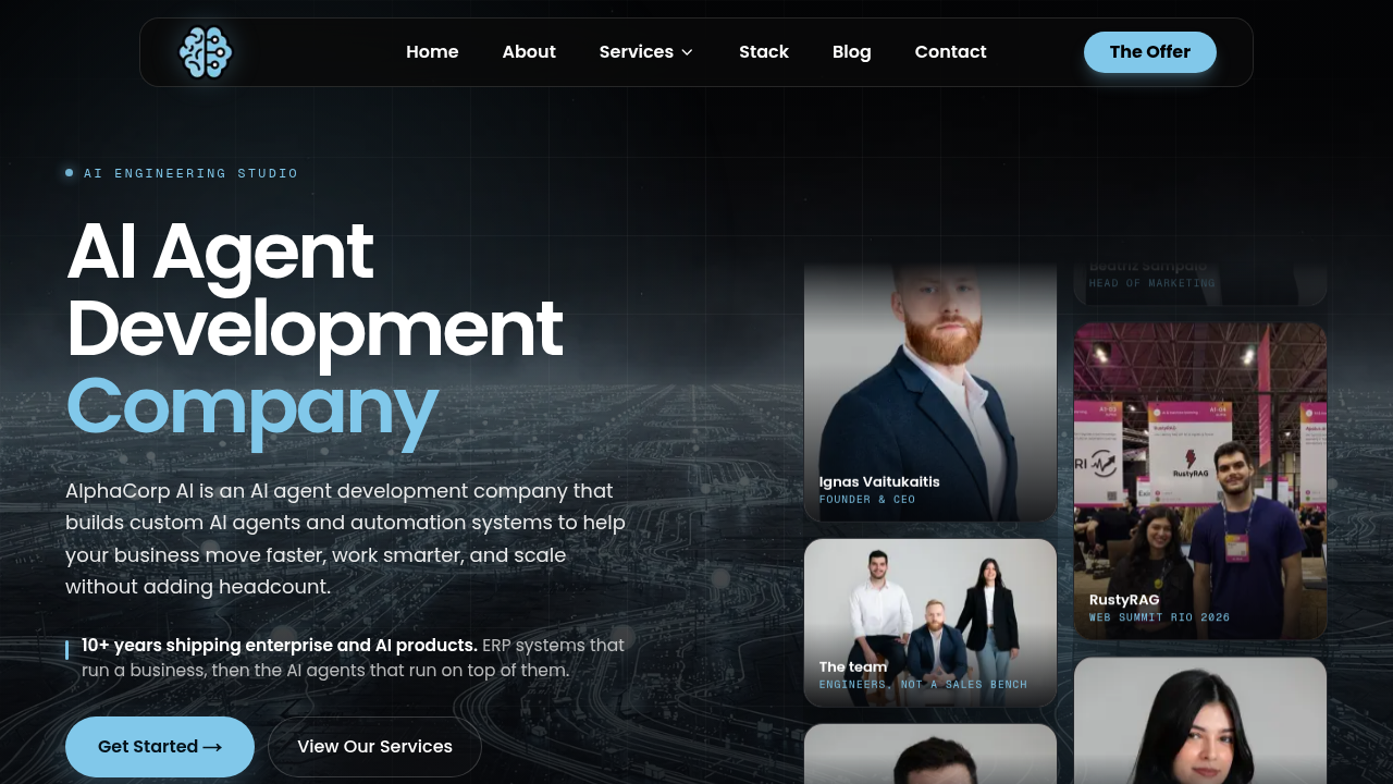 Screenshot of AlphaCorp AI's website, a resource for enterprise AI and marketing strategies.