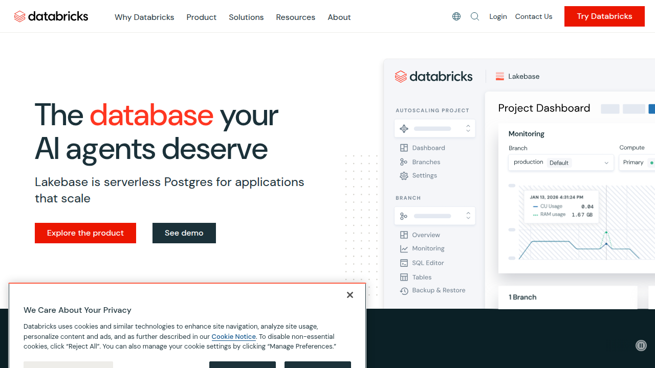 The Databricks homepage, a leading ML Infrastructure platform for big data and collaborative AI projects.