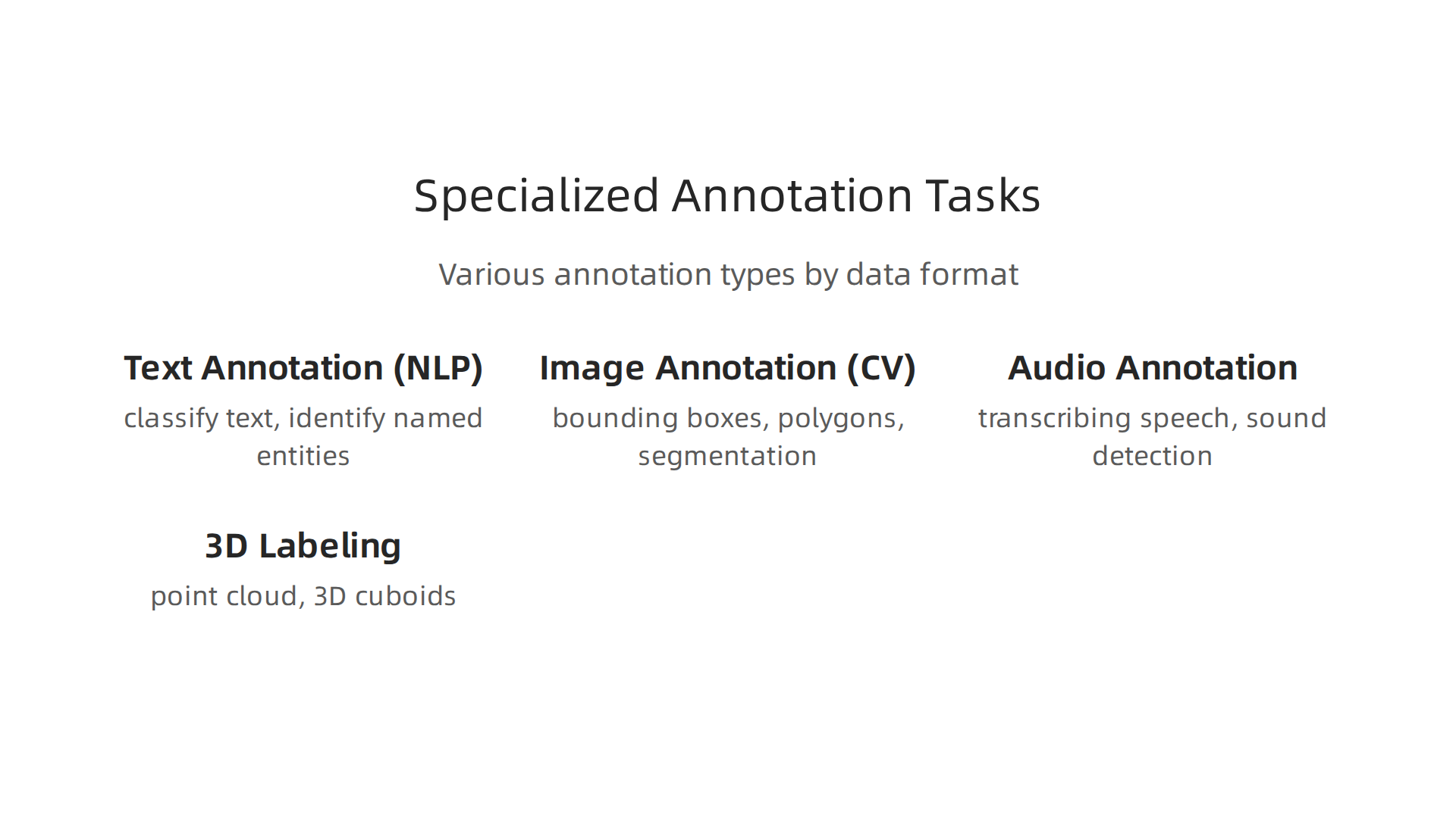 Various annotation types tailored for different data formats like text, images, audio, and 3D.