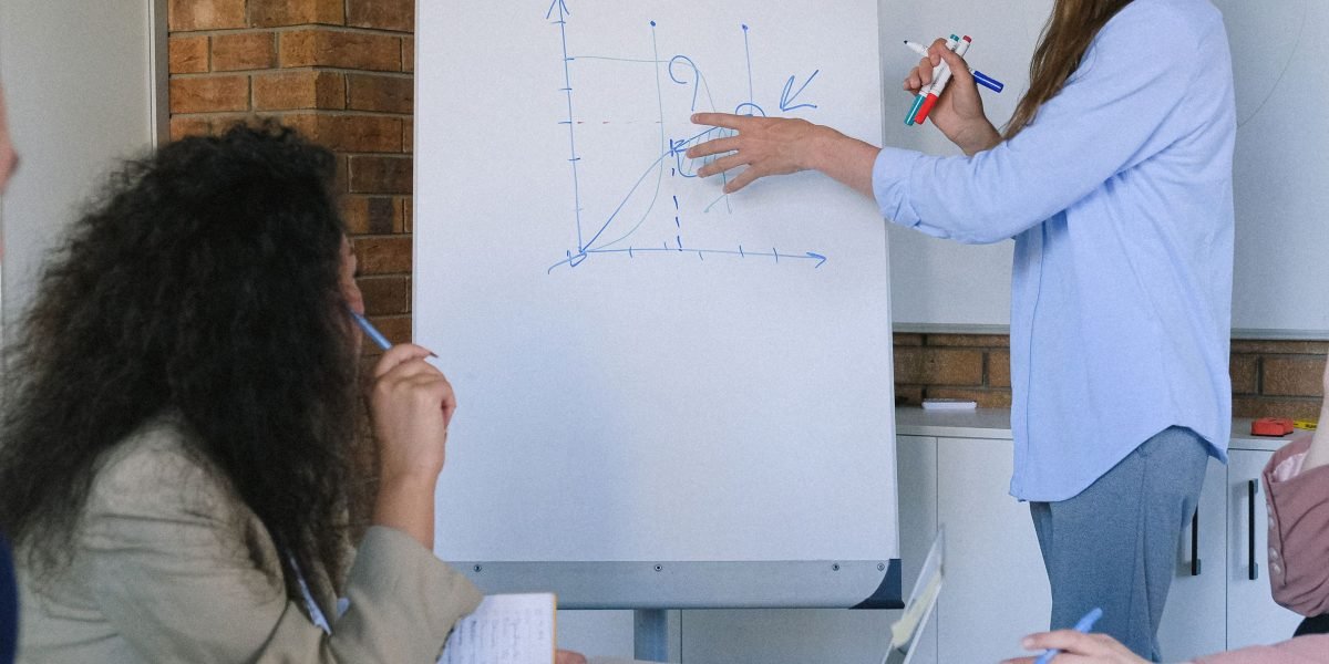 A team uses a whiteboard to clarify the distinct roles and functions of business intelligence, data analytics, and data science.