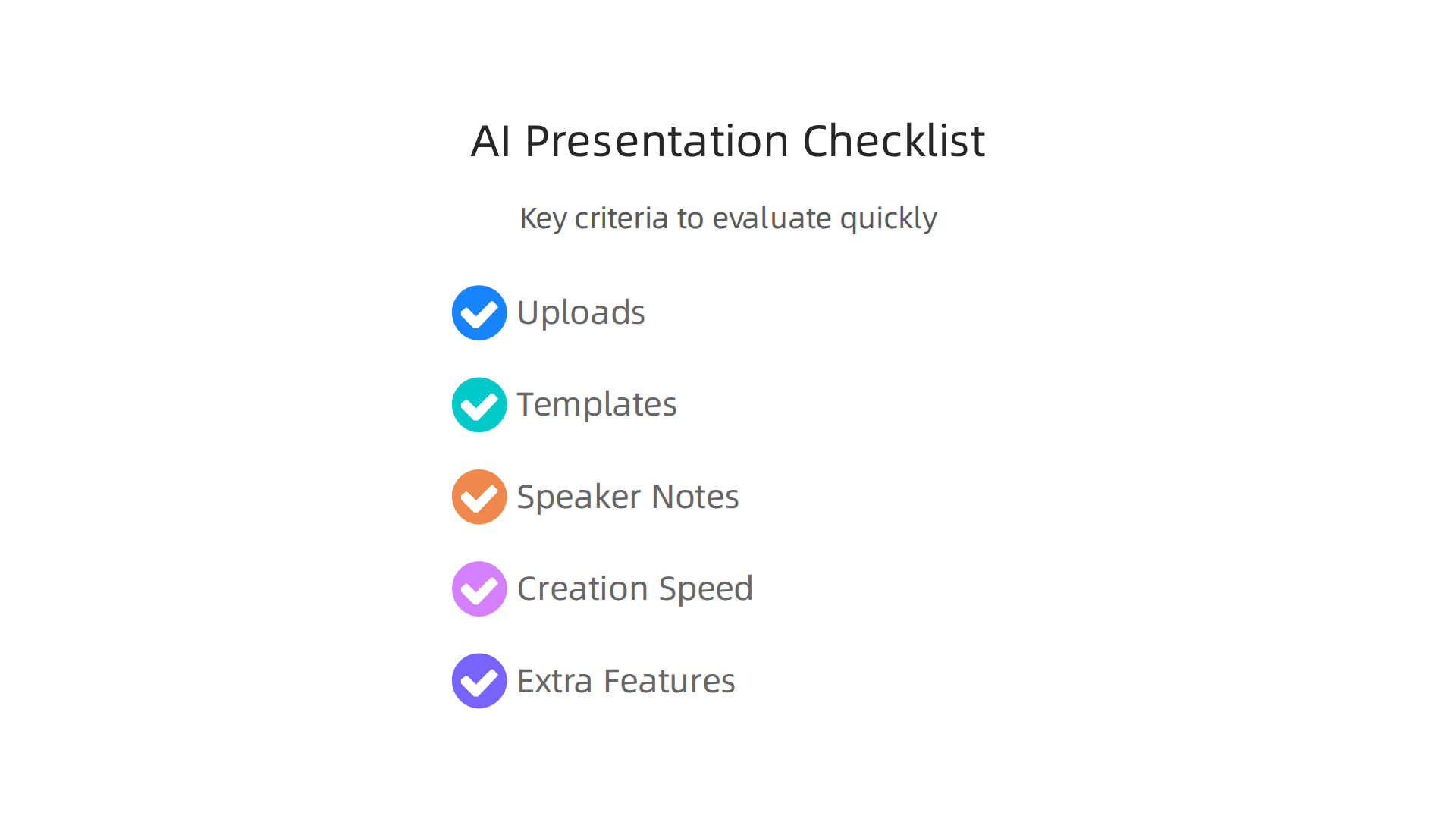 Key criteria to quickly evaluate if a free AI presentation maker meets your requirements.