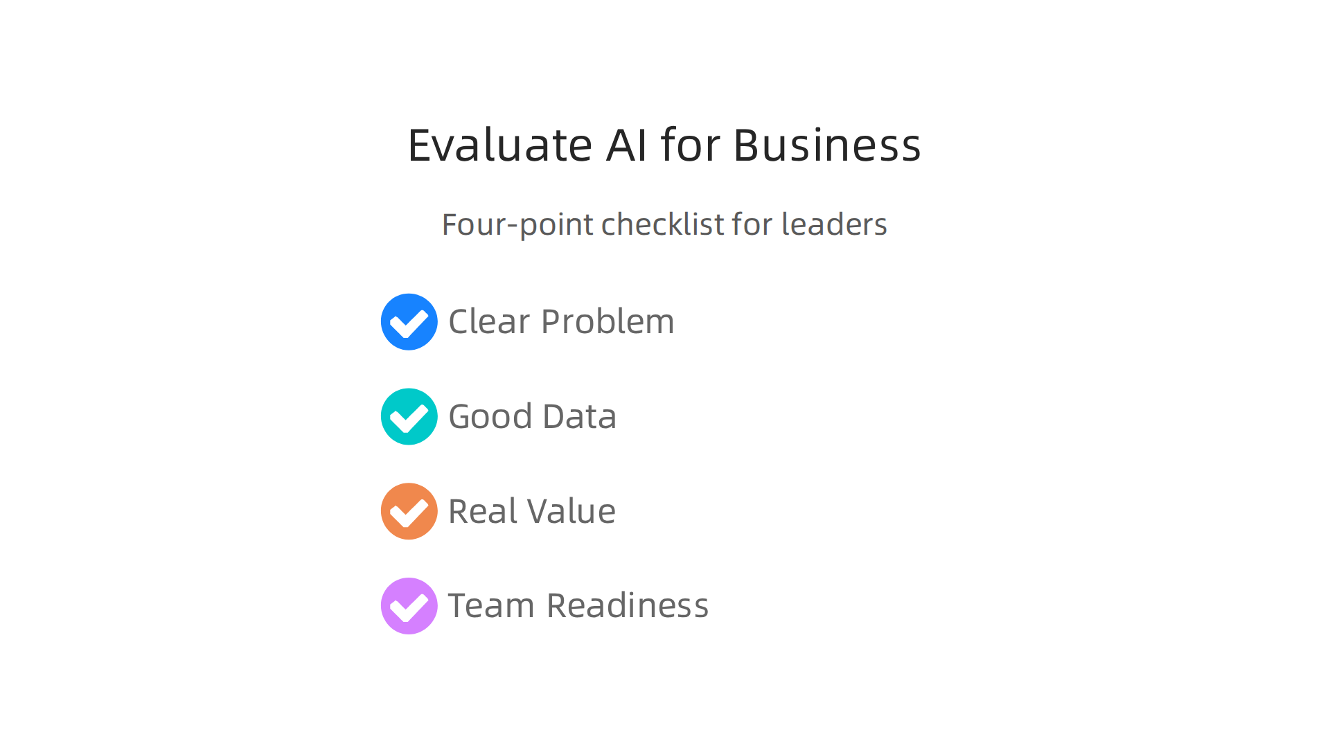 An infographic presenting a four-point checklist for leaders to evaluate if an AI project is right for their business.