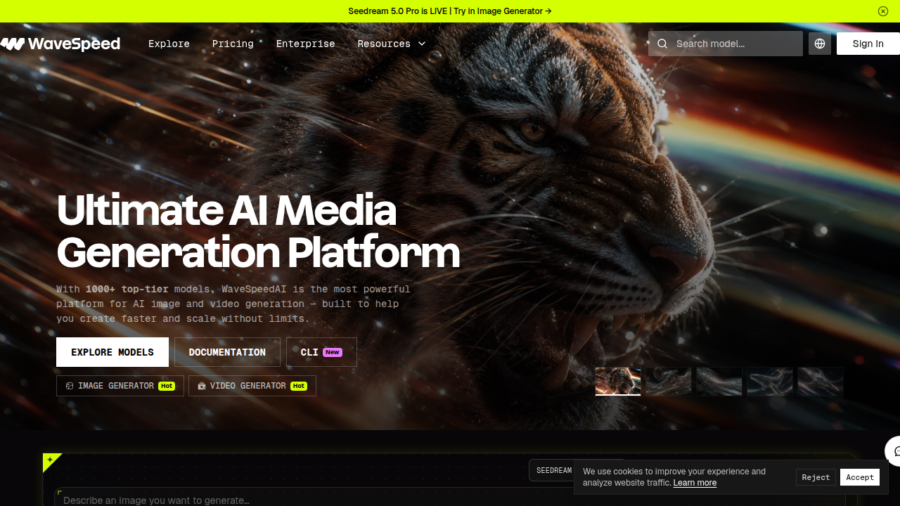 Screenshot of WaveSpeed AI's homepage, a platform featuring open-source AI tools and resources.